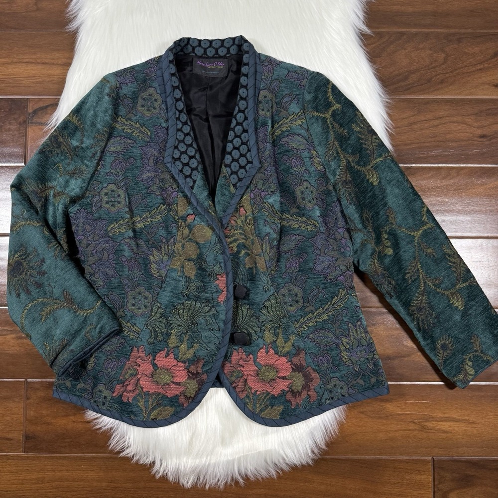 Mary Lynn O'Shea Women's Teal Floral Handmade Tapestry Jacket‎ Blazer Size P ?